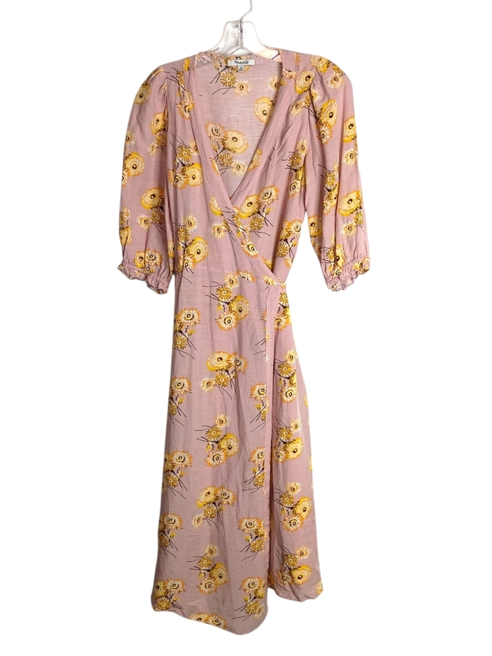 Madewell Floral Wrap Linen Blend Midi Dress in Dusty Rose and Yellow - XXS